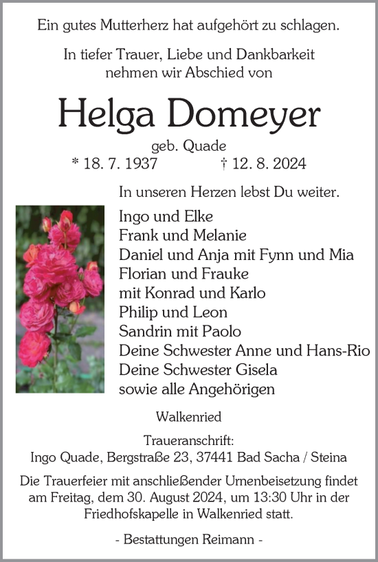 Traueranzeige von Helga Domeyer von Harz Kurier