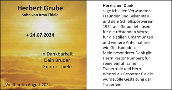 Traueranzeige von Herbert Grube von Harz Kurier