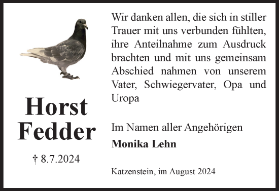 Traueranzeige von Horst Fedder von Harz Kurier