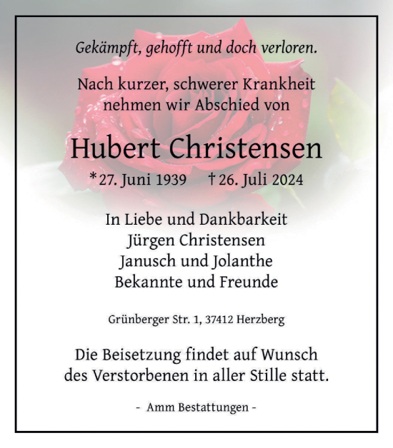 Traueranzeige von Hubert Christensen von Harz Kurier