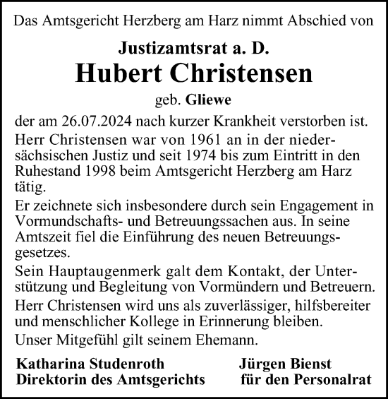 Traueranzeige von Hubert Christensen von Harz Kurier