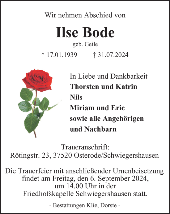 Traueranzeige von Ilse Bode von Harz Kurier