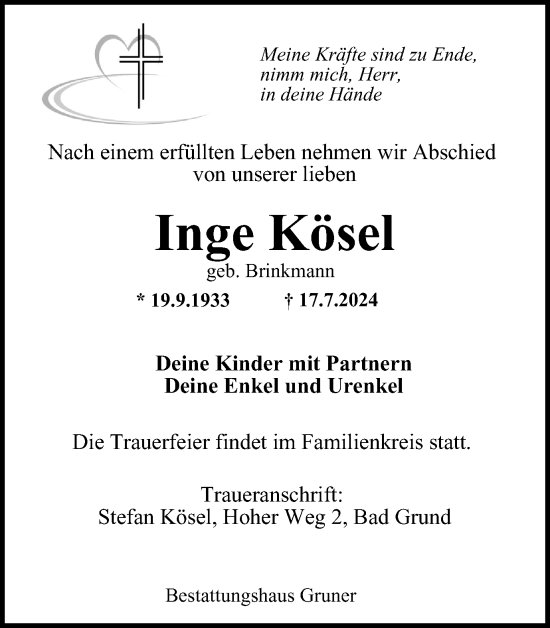 Traueranzeige von Inge Kösel von Harz Kurier