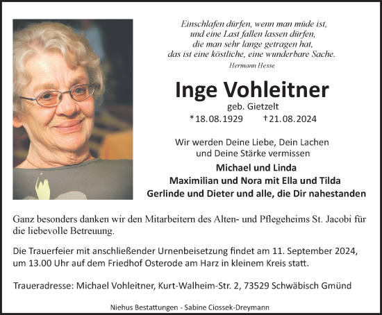 Traueranzeige von Inge Vohleitner von Harz Kurier