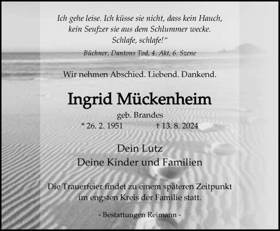 Traueranzeige von Ingrid Mückenheim von Harz Kurier