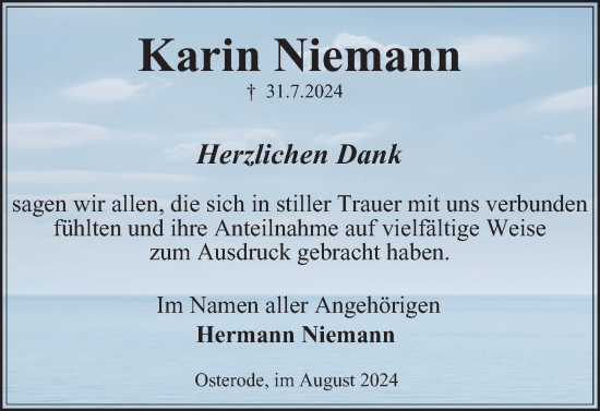 Traueranzeige von Karin Niemann von Harz Kurier