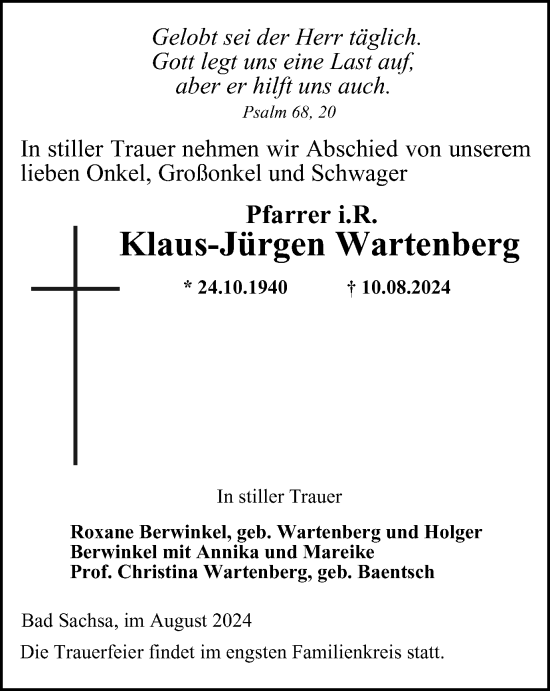 Traueranzeige von Klaus-Jürgen Wartenberg von Harz Kurier