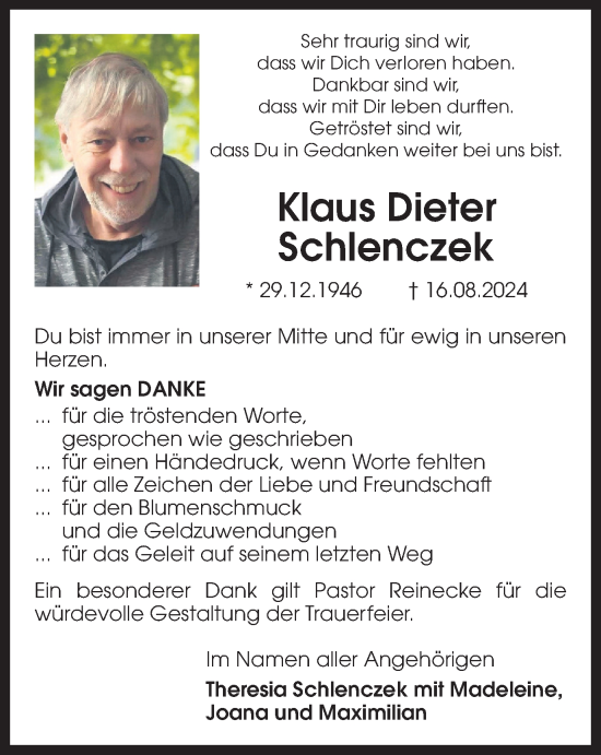 Traueranzeige von Klaus Dieter Schlenczek von Harz Kurier