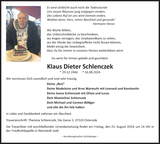Traueranzeige von Klaus Dieter Schlenczek von Harz Kurier