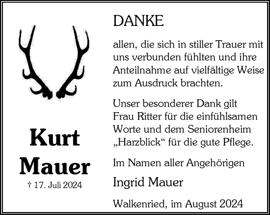Traueranzeige von Kurt Mauer von Harz Kurier