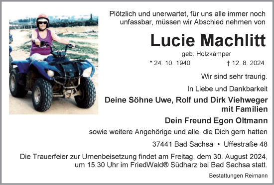 Traueranzeige von Lucie Machlitt von Harz Kurier