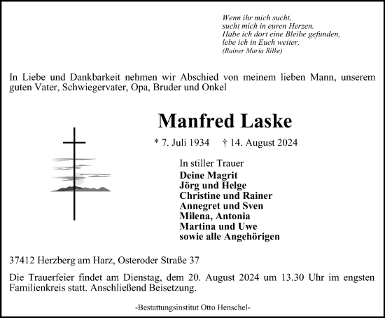 Traueranzeige von Manfred Laske von Harz Kurier