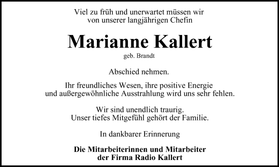 Traueranzeige von Marianne Kallert von Harz Kurier