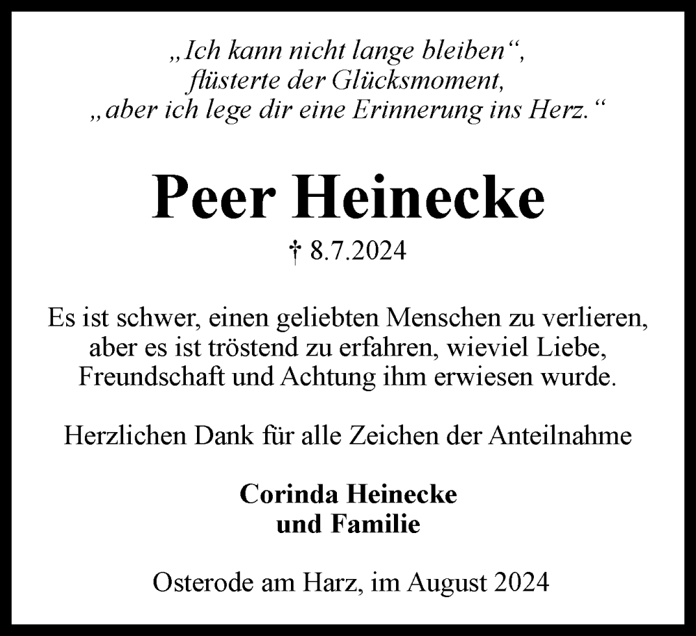  Traueranzeige für Peer Heinecke vom 10.08.2024 aus Harz Kurier
