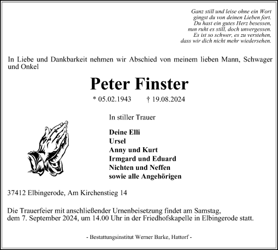 Traueranzeige von Peter Finster von Harz Kurier