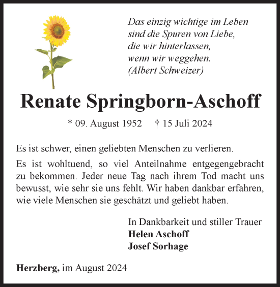 Traueranzeige von Renate Springborn-Aschoff von Harz Kurier