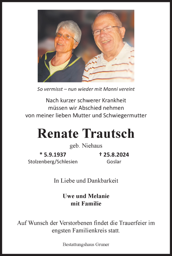 Traueranzeige von Renate Trautsch von Harz Kurier
