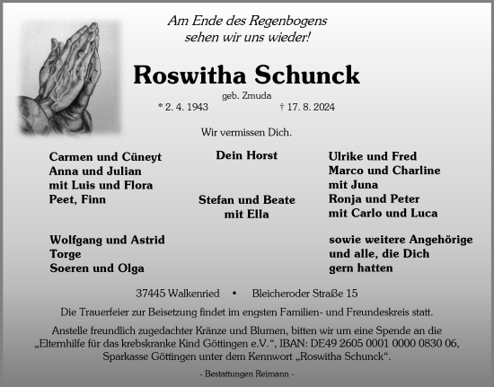 Traueranzeige von Roswitha Schunck von Harz Kurier