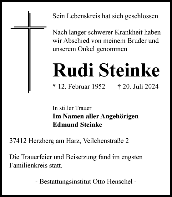 Traueranzeige von Rudi Steinke von Harz Kurier