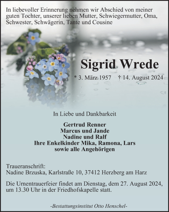 Traueranzeige von Sigrid Wrede von Harz Kurier