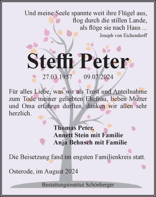Traueranzeige von Steffi Peter von Harz Kurier