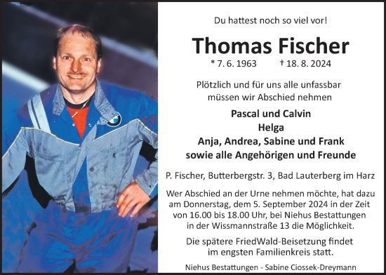 Traueranzeige von Thomas Fischer von Harz Kurier