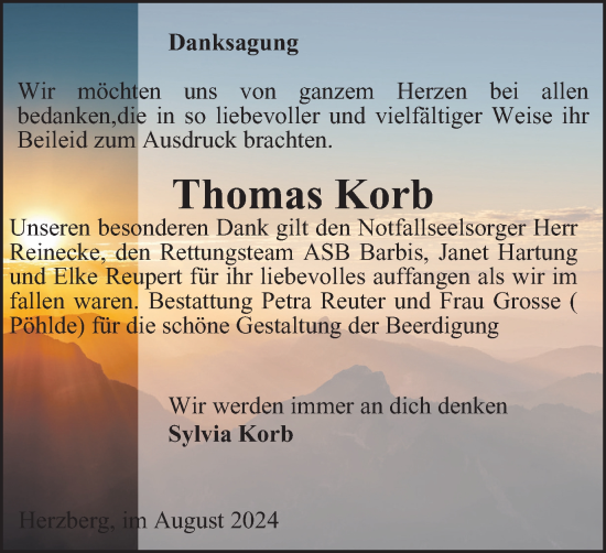 Traueranzeige von Thomas Korb von Harz Kurier