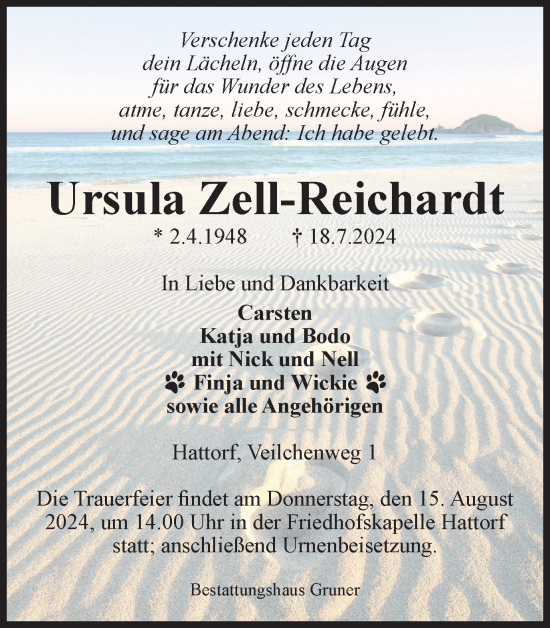 Traueranzeige von Ursula Zell-Reichardt von Harz Kurier