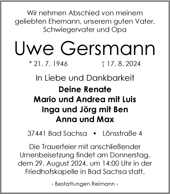 Traueranzeige von Uwe Gersmann von Harz Kurier