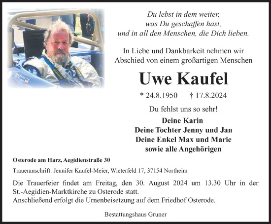Traueranzeige von Uwe Kaufel von Harz Kurier