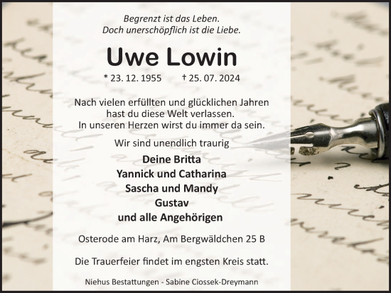 Traueranzeige von Uwe Lowin von Harz Kurier