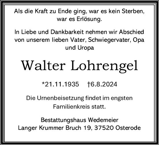 Traueranzeige von Walter Lohrengel von Harz Kurier