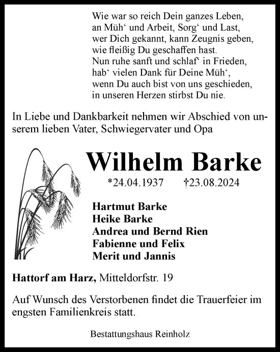 Traueranzeige von Wilhelm Barke von Harz Kurier