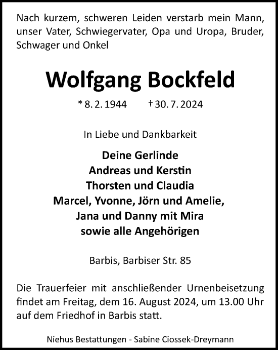 Traueranzeige von Wolfgang Bockfeld von Harz Kurier