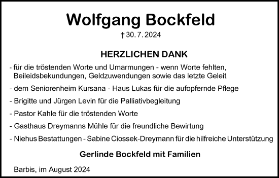Traueranzeige von Wolfgang Bockfeld von Harz Kurier