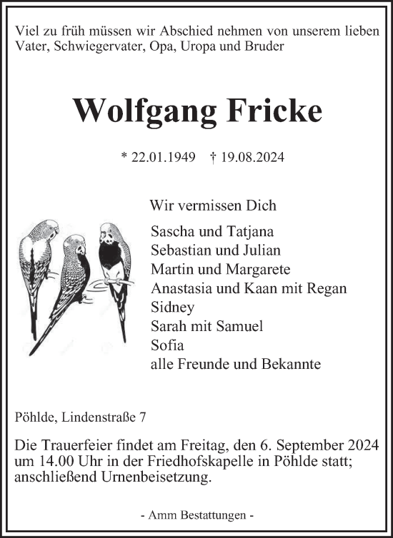 Traueranzeige von Wolfgang Fricke von Harz Kurier