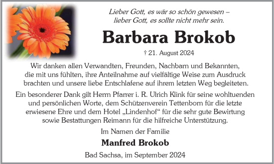 Traueranzeige von Barbara Brokob von Harz Kurier