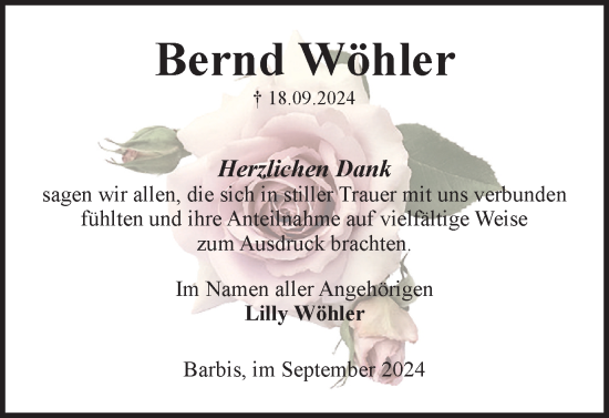 Traueranzeige von Bernd Wöhler von Harz Kurier