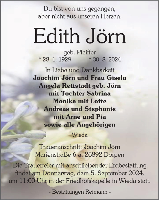Traueranzeige von Edith Jörn von Harz Kurier