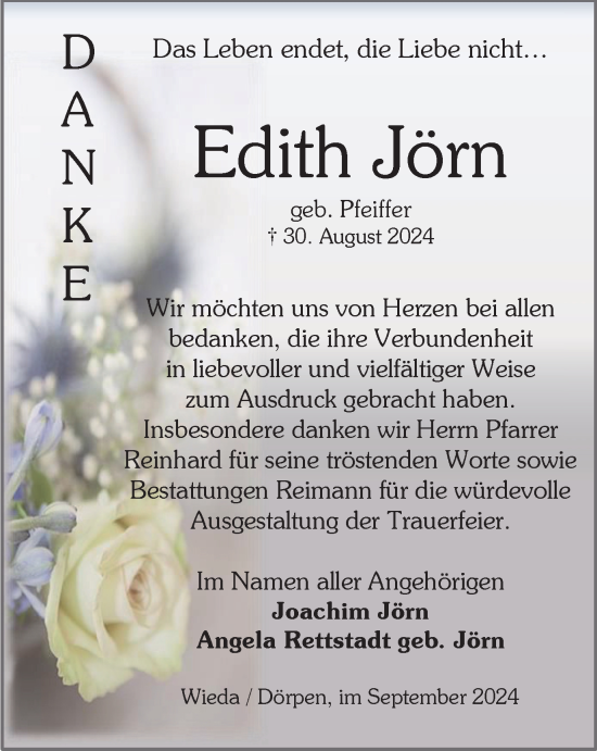 Traueranzeige von Edith Jörn von Harz Kurier