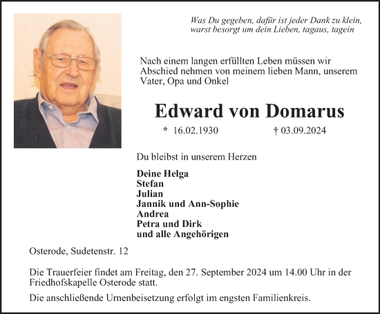 Traueranzeige von Edward von Domarus von Harz Kurier
