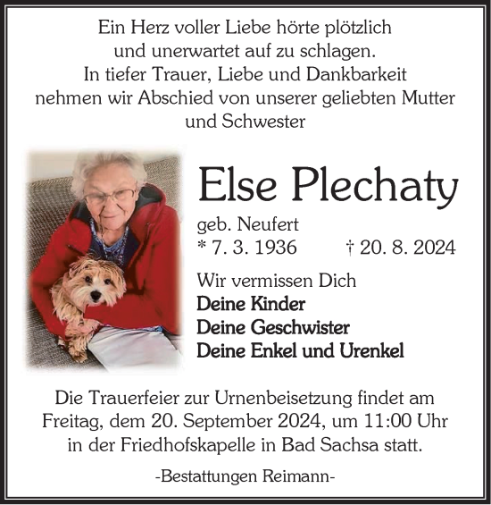 Traueranzeige von Else Plechaty von Harz Kurier