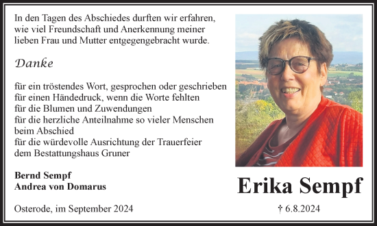 Traueranzeige von Erika Sempf von Harz Kurier