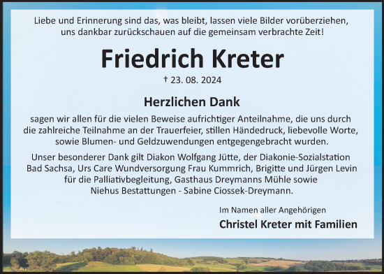 Traueranzeige von Friedrich Kreter von Harz Kurier