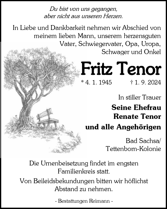 Traueranzeige von Fritz Tenor von Harz Kurier