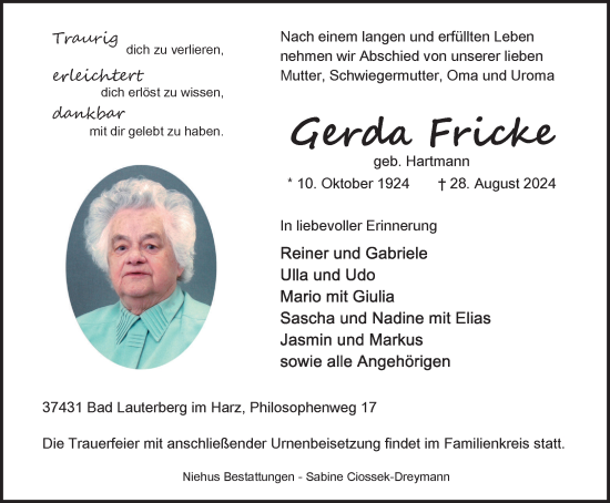 Traueranzeige von Gerda Fricke von Harz Kurier