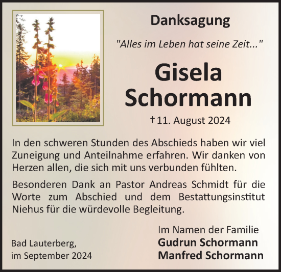 Traueranzeige von Gisela Schormann von Harz Kurier