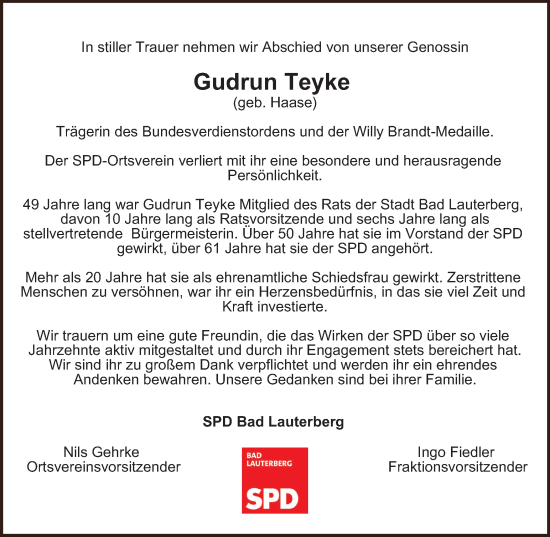 Traueranzeige von Gudrun Teyke von Harz Kurier