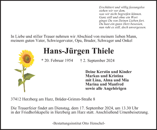 Traueranzeige von Hans-Jürgen Thiele von Harz Kurier