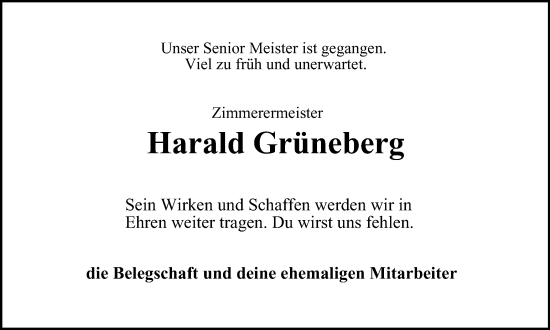 Traueranzeige von Harald Grüneberg von Harz Kurier